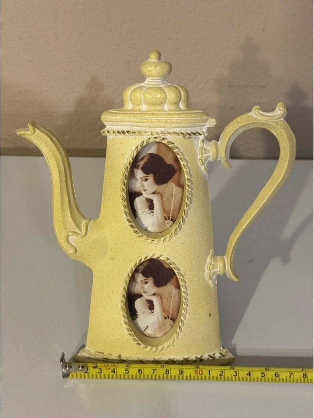 Vintage Yellow Teapot Novelty  Double Oval Photo Frame Stand Holds 2, 2x4 in